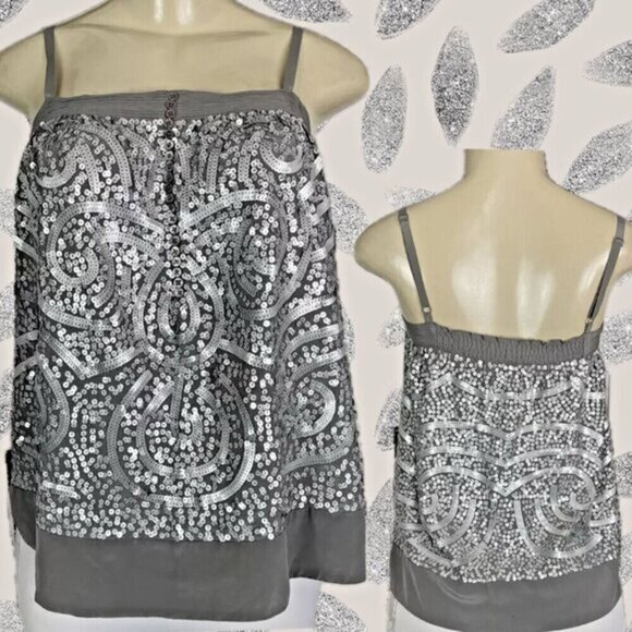 Bcbgmaxazria XS Gray-Silver Silk Sequin Swirl Pattern Adjustable Strap Cami Top - Picture 1 of 6